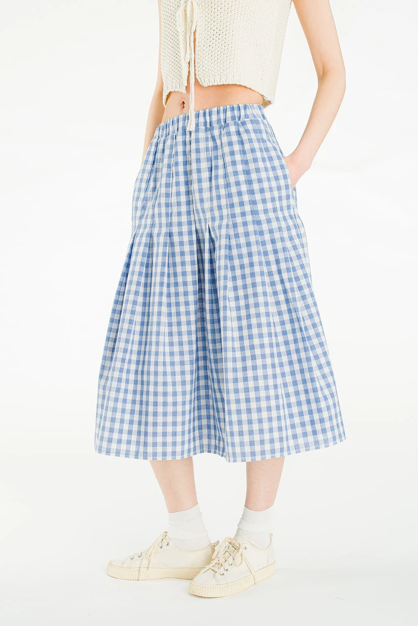 Miel Gingham Check Pleated Skirt, Blue
