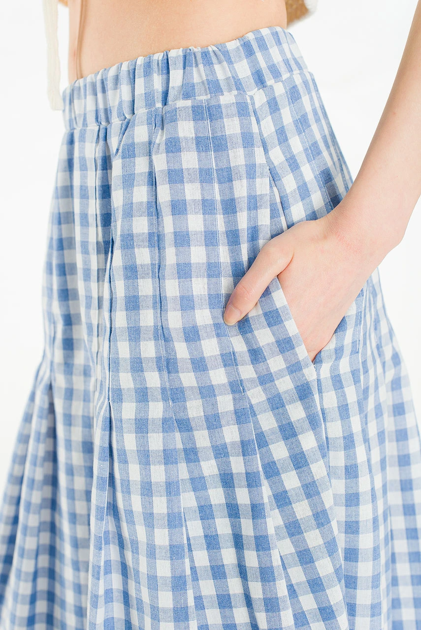 Miel Gingham Check Pleated Skirt, Blue
