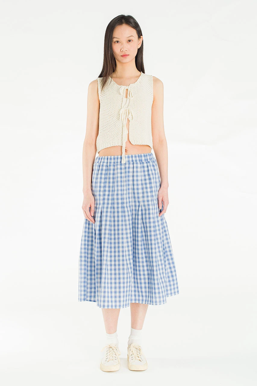 Miel Gingham Check Pleated Skirt, Blue