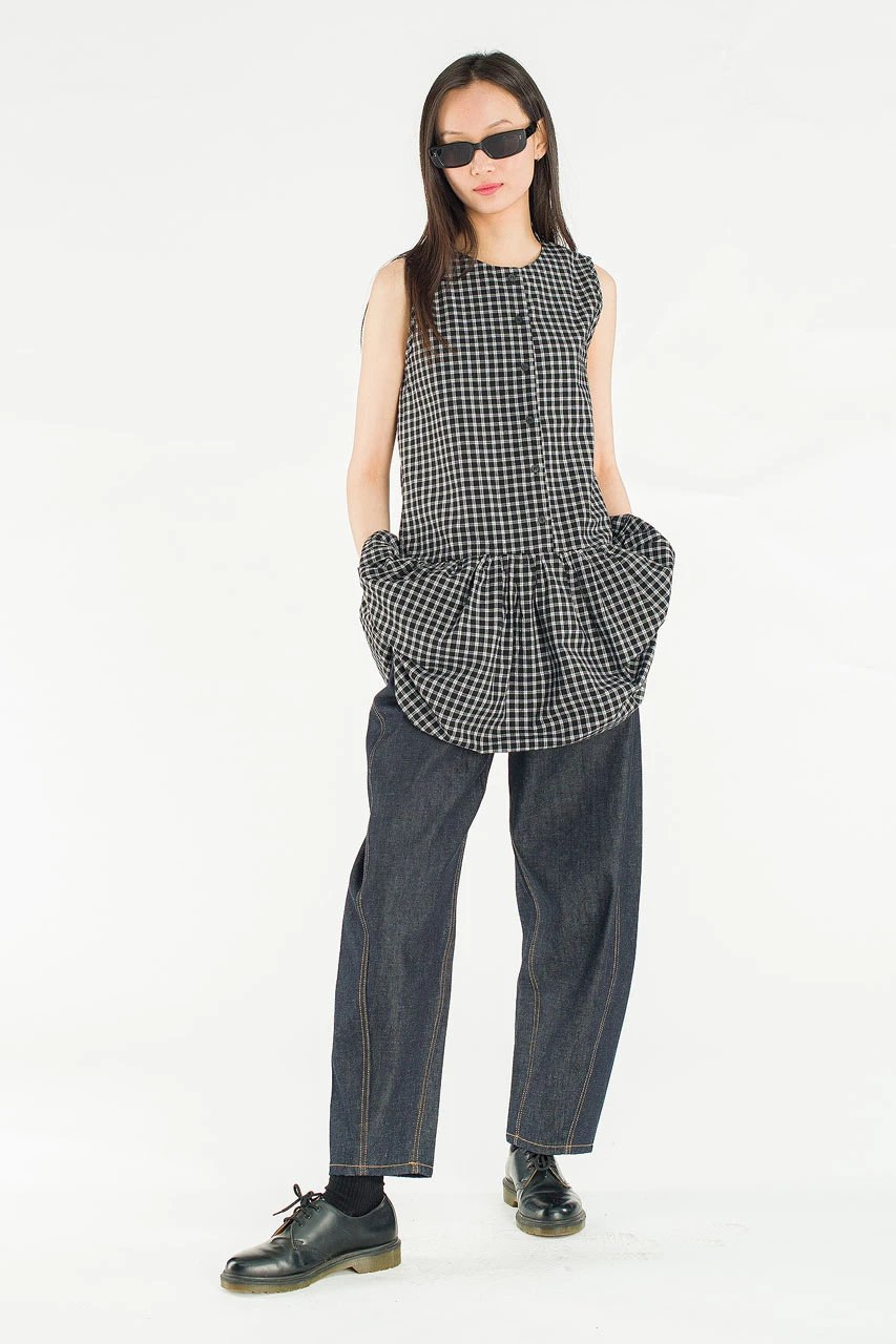 Fara Check Frill Mini Dress, Black