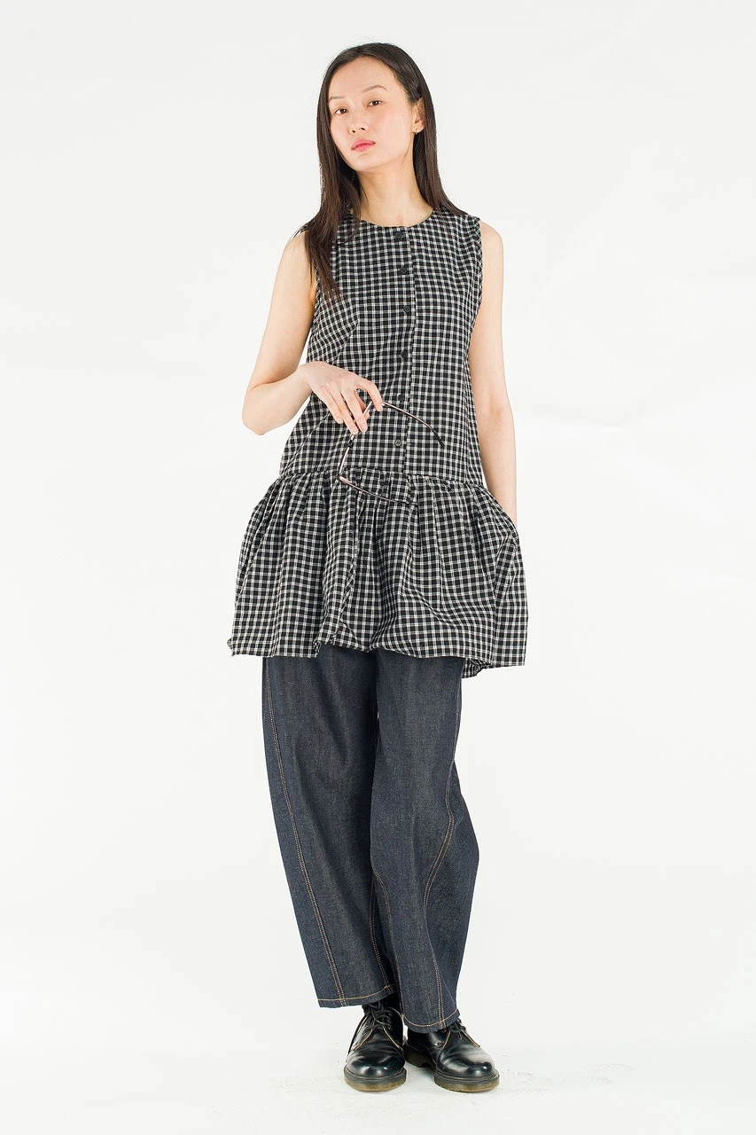 Fara Check Frill Mini Dress, Black