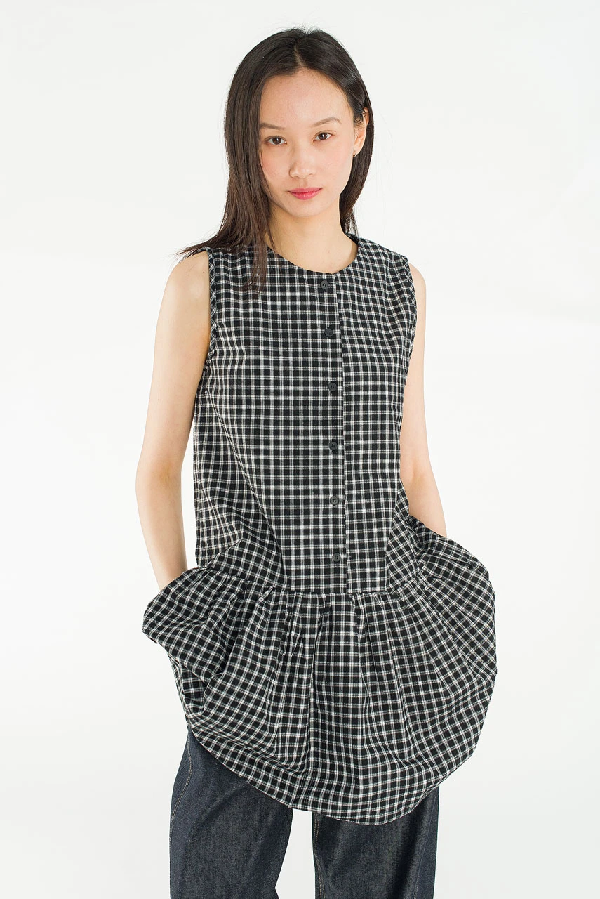 Fara Check Frill Mini Dress, Black