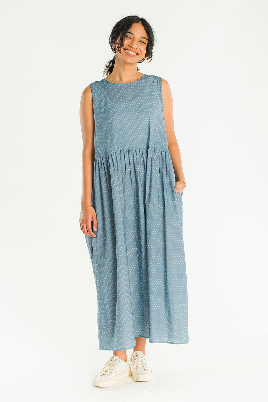 Two Way Print Ribbon Back Dress, Blue