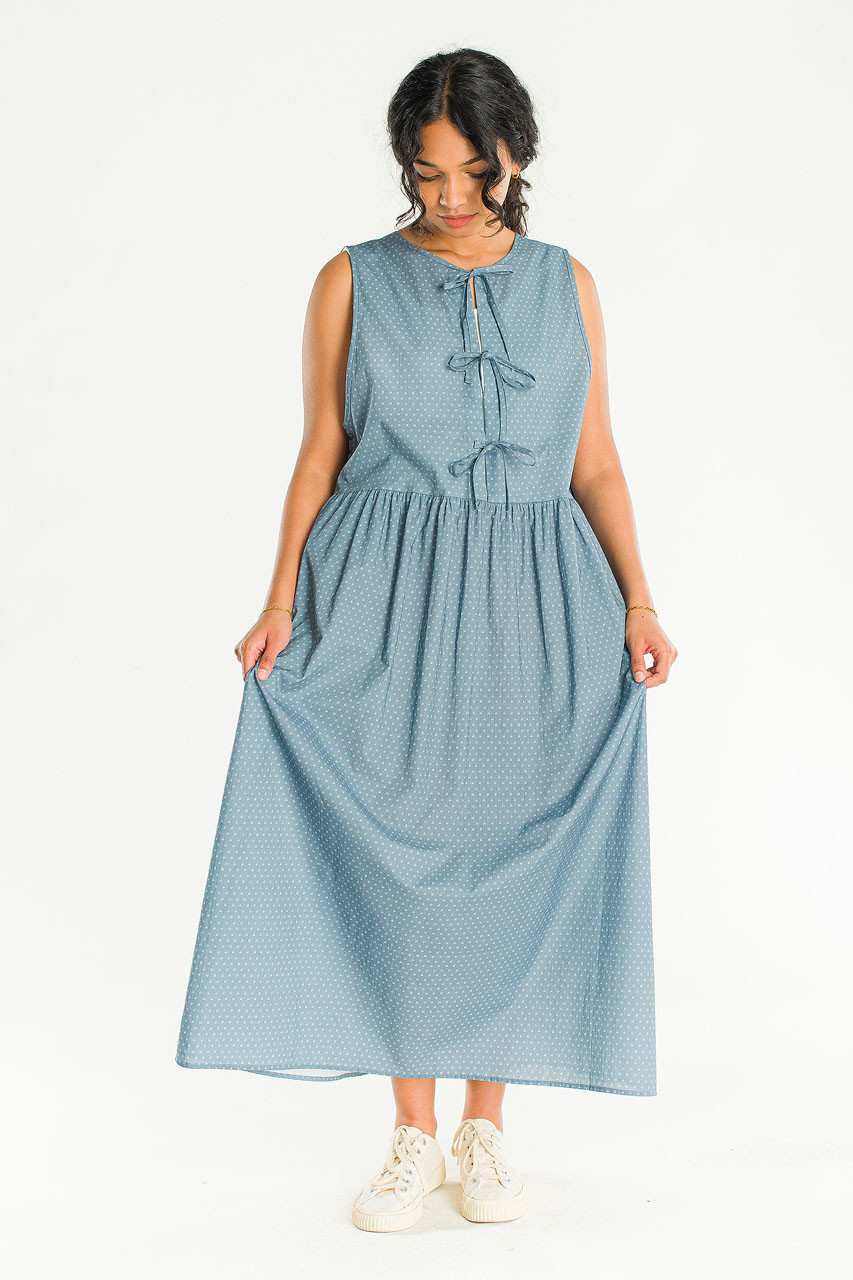 Two Way Print Ribbon Back Dress, Blue