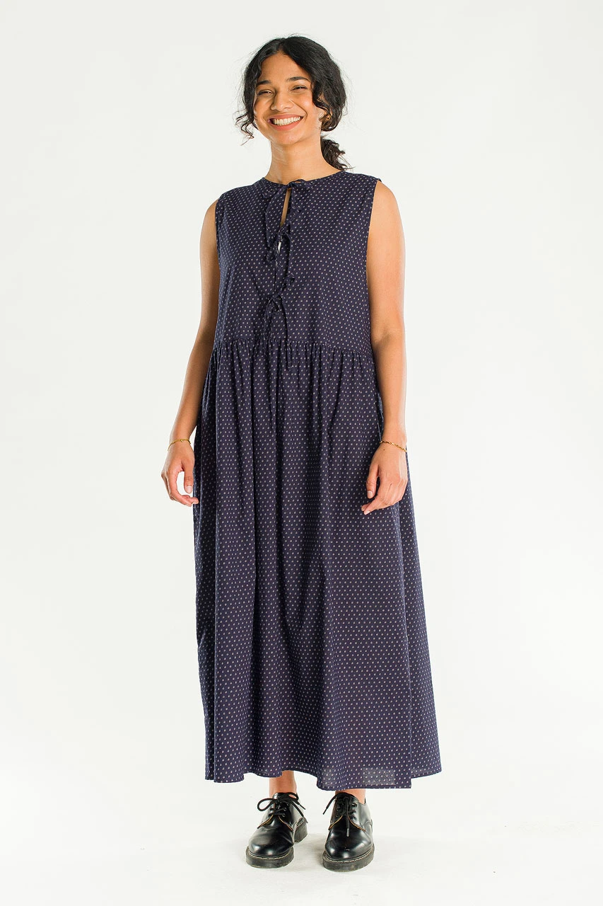 Two Way Print Ribbon Back Dress, Navy