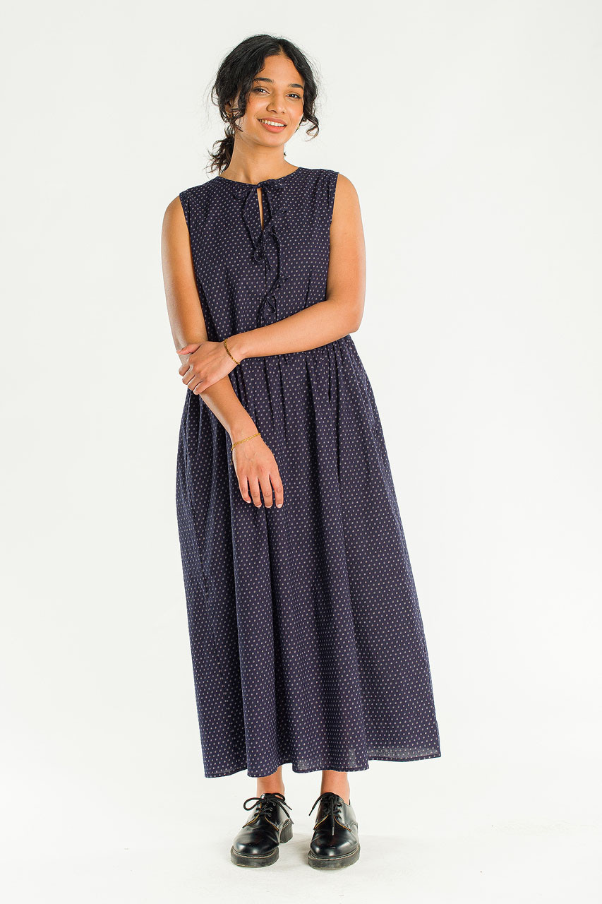 Two Way Print Ribbon Back Dress, Navy