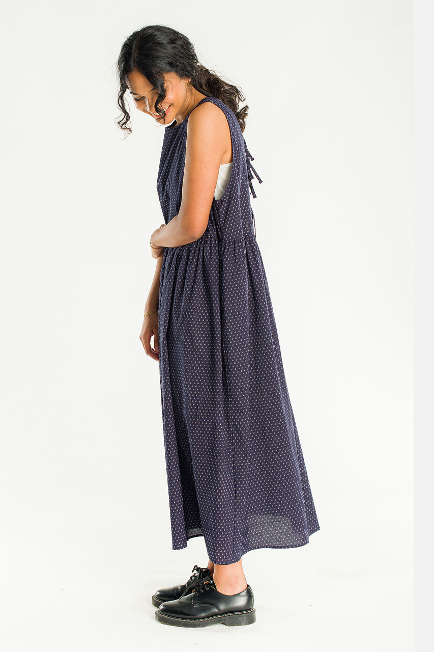 Two Way Print Ribbon Back Dress, Navy