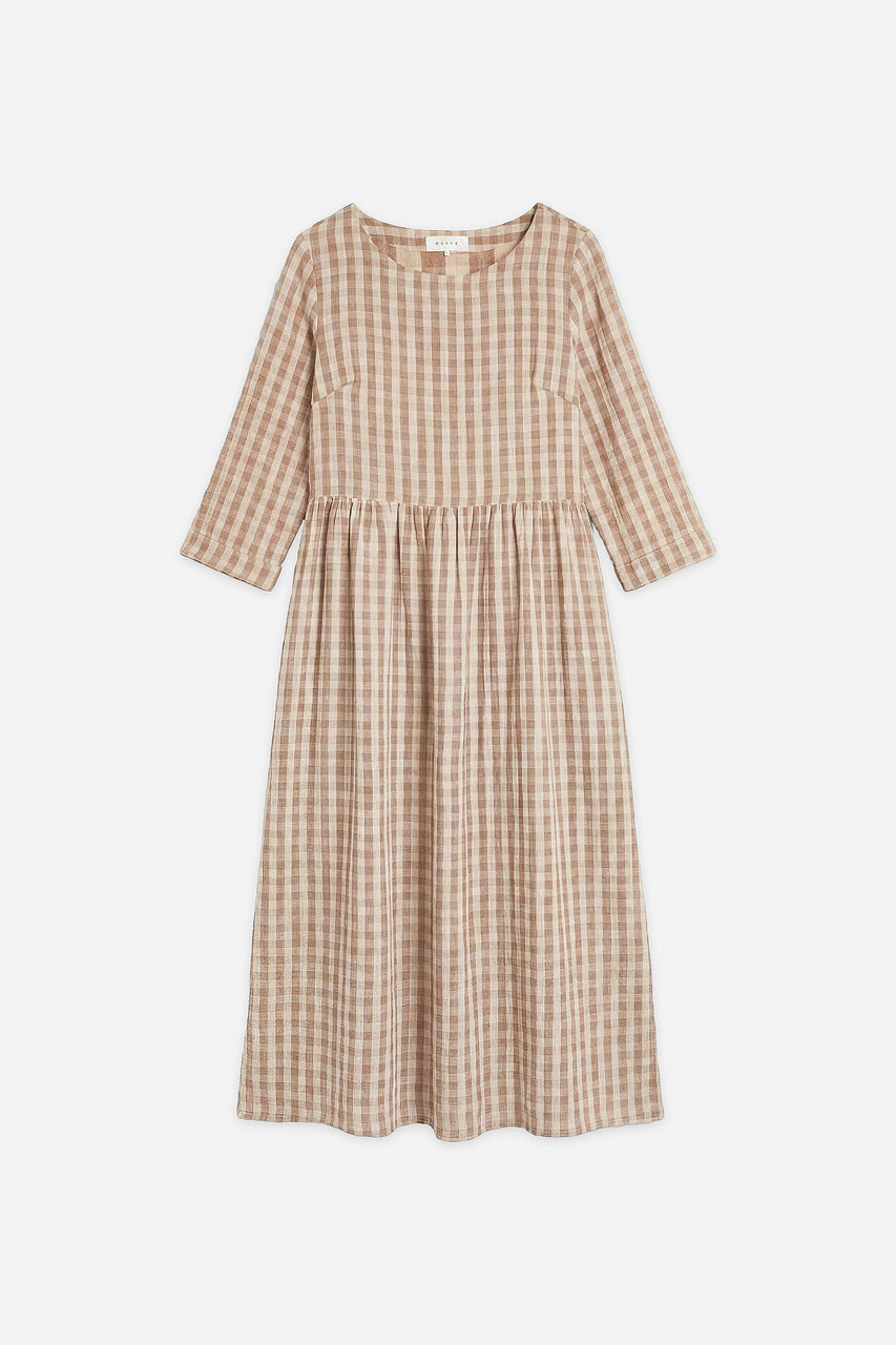 Elsa Double Face Gingham Relax Dress, Beige
