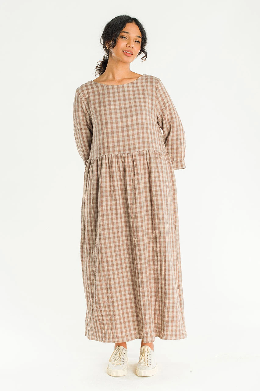 Elsa Double Face Gingham Relax Dress, Beige