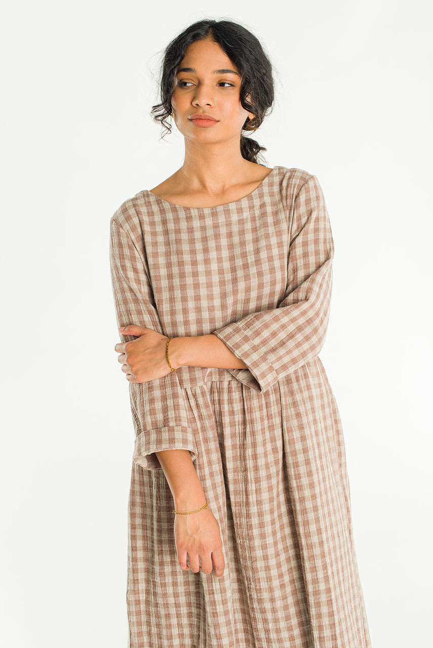 Elsa Double Face Gingham Relax Dress, Beige