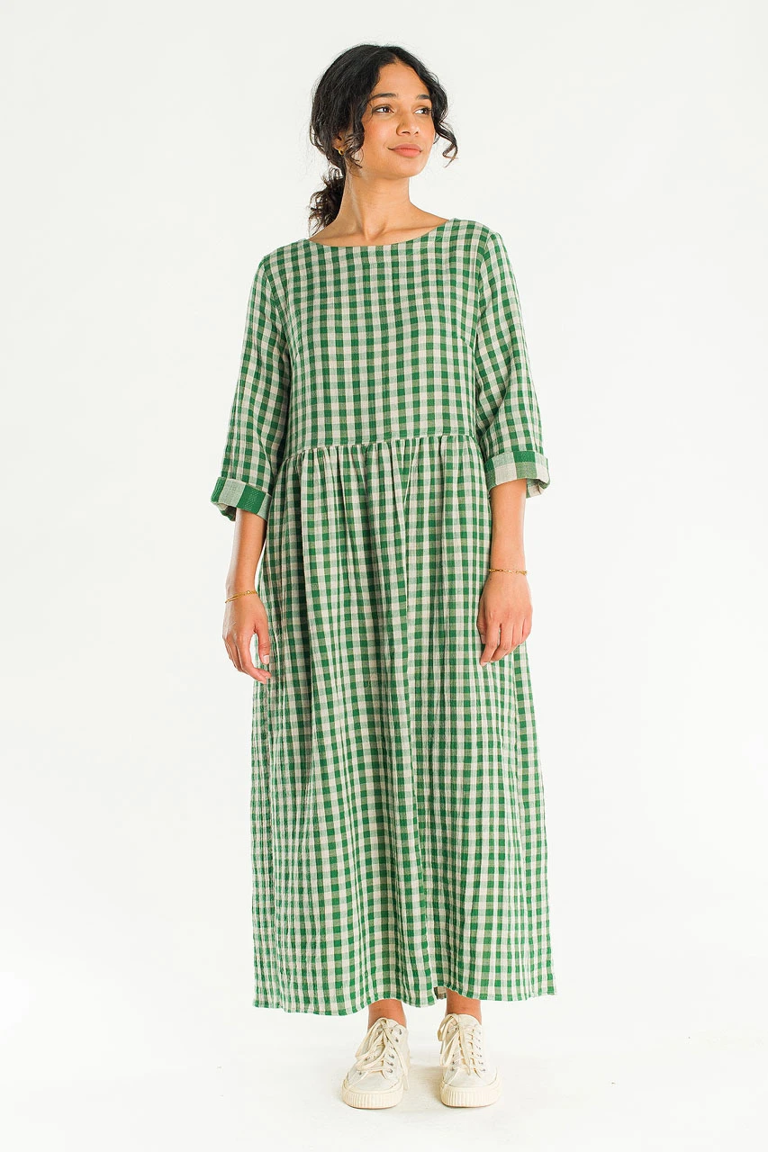 Elsa Double Face Gingham Relax Dress, Green