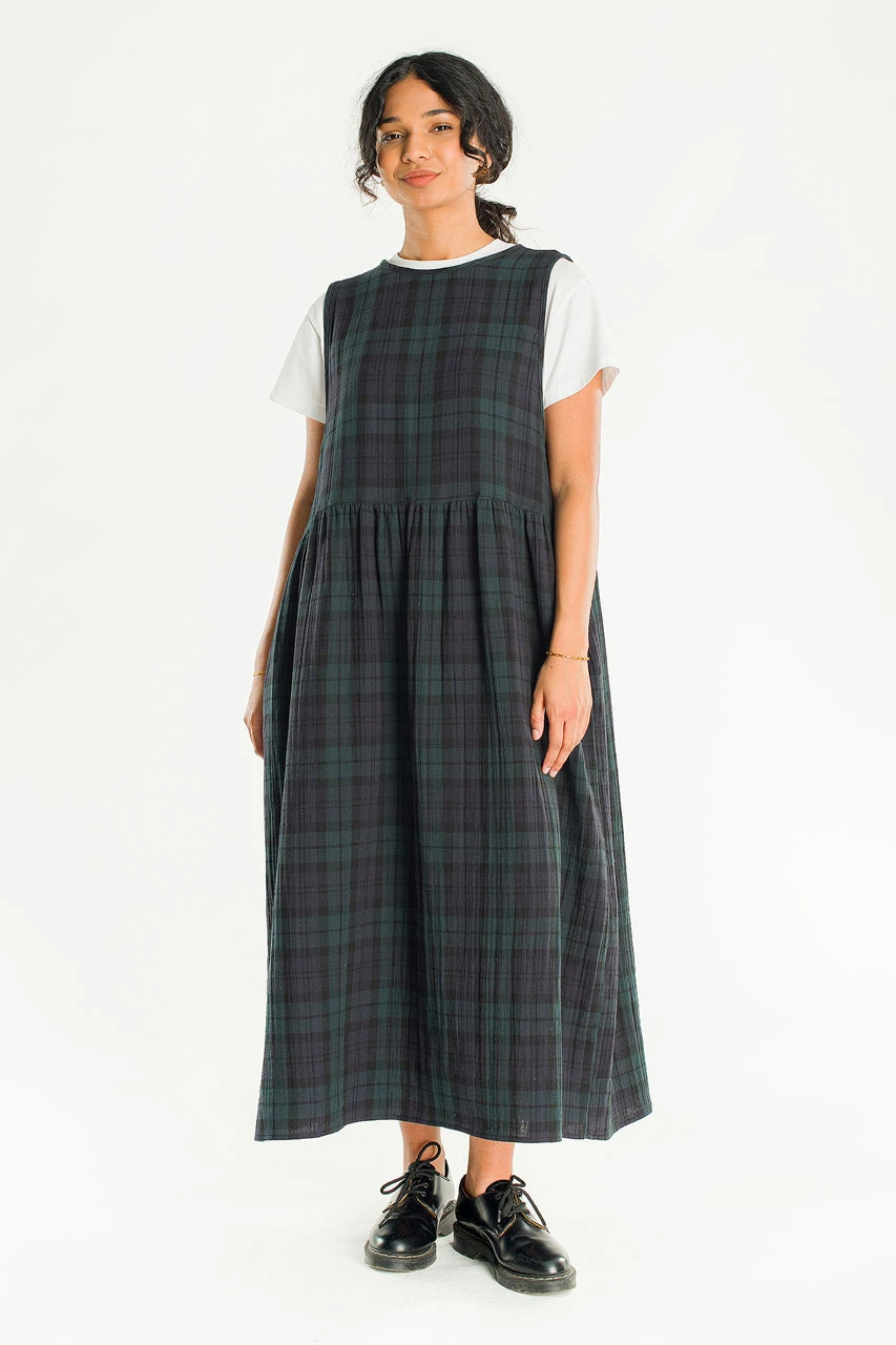 Tasha Large Check Relax Pinafore Dress, Green