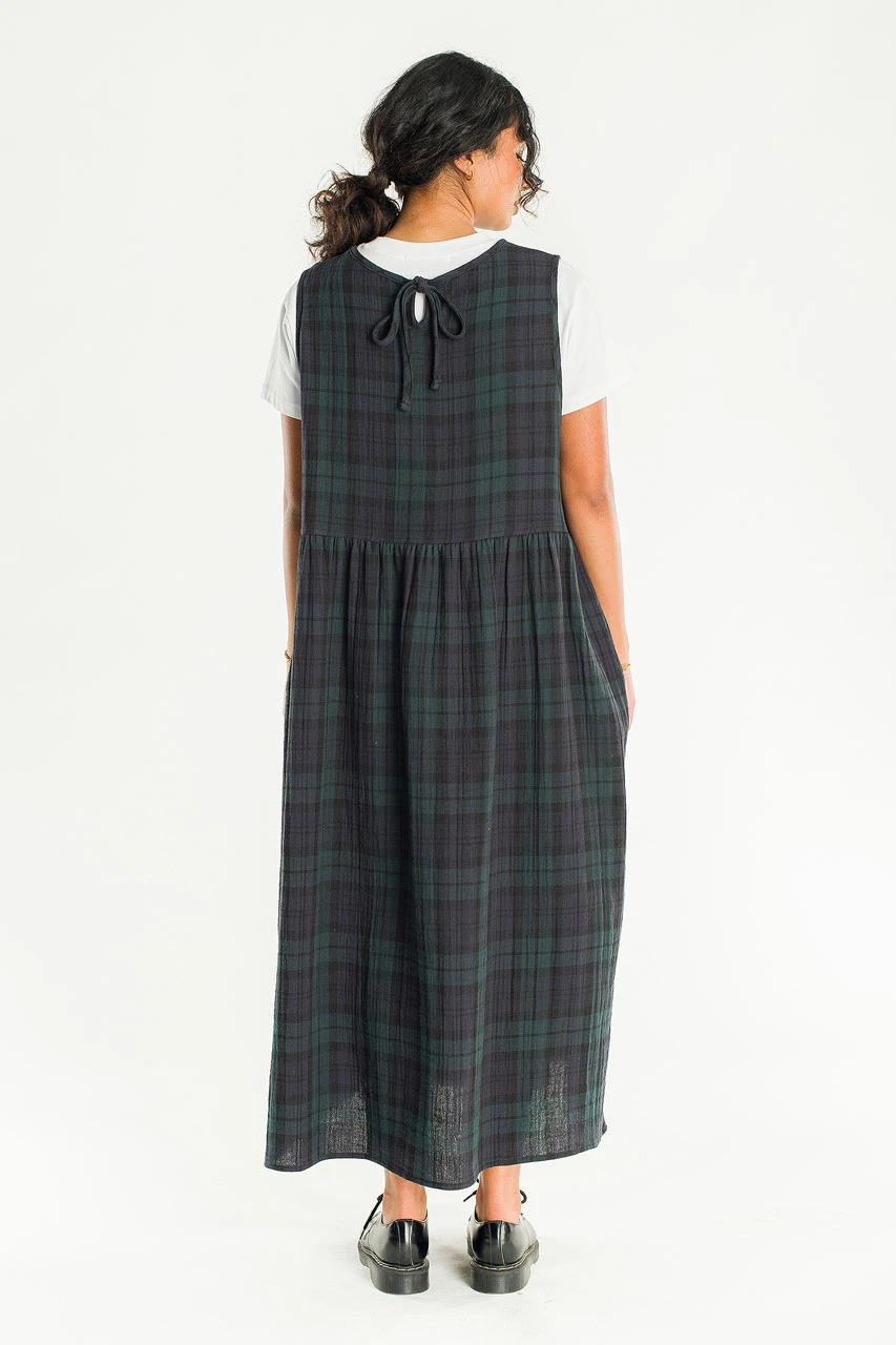 Tasha Large Check Relax Pinafore Dress, Green