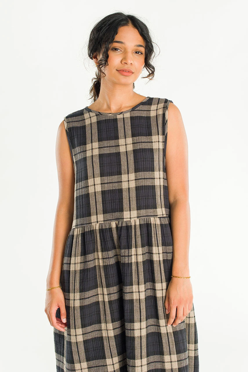 Tasha Large Check Relax Pinafore Dress, Taupe