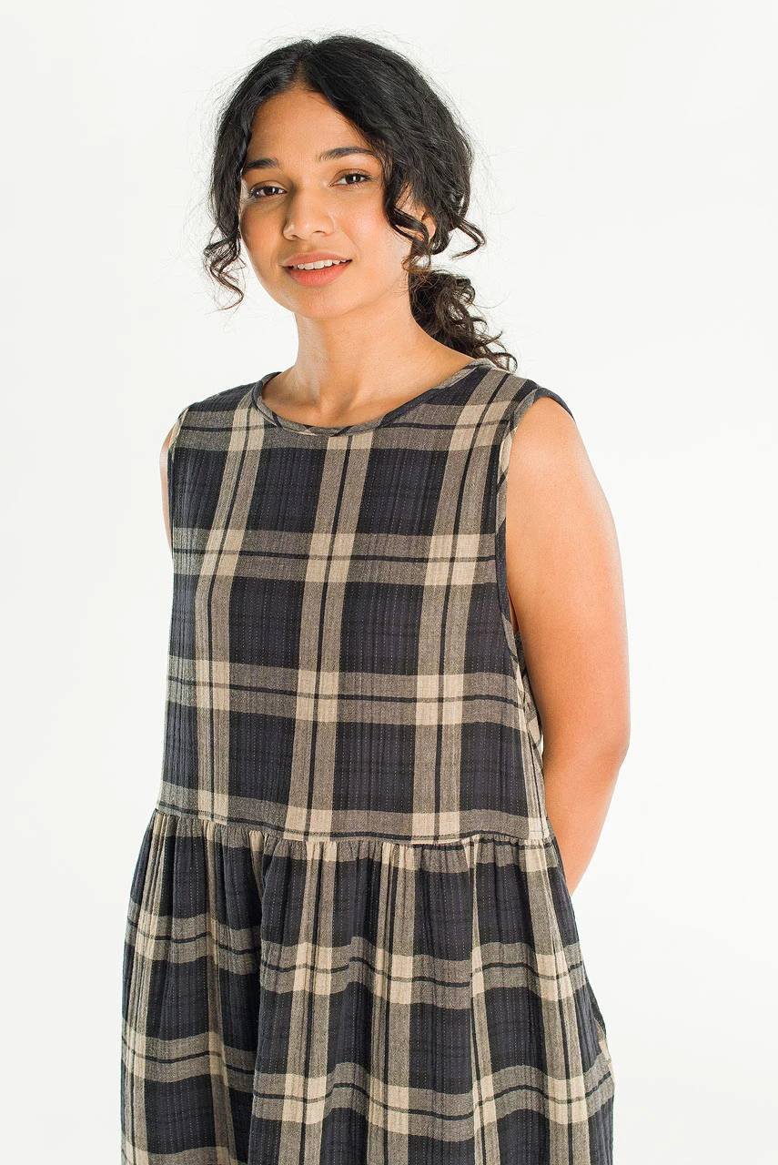 Tasha Large Check Relax Pinafore Dress, Taupe