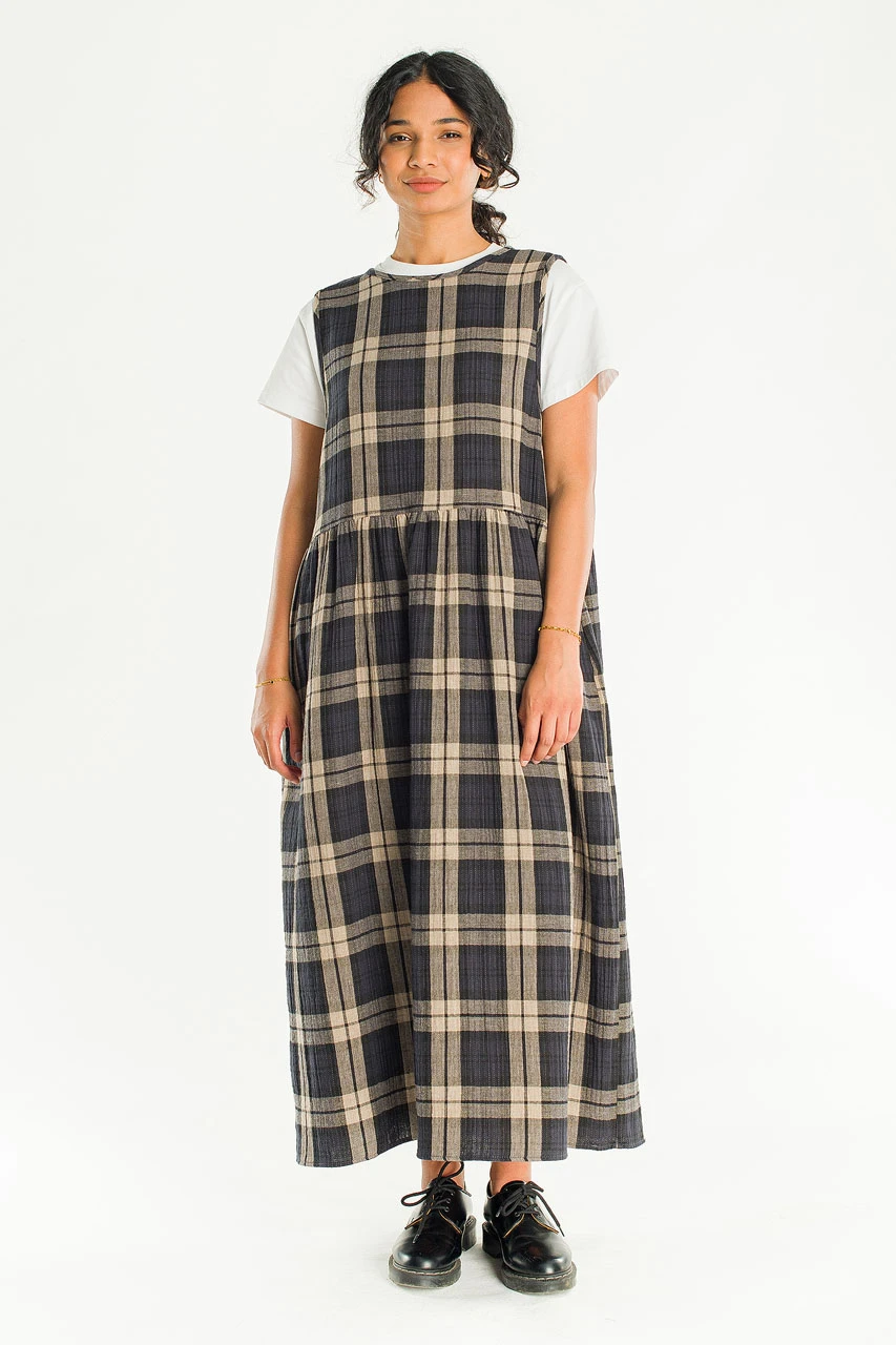 Tasha Large Check Relax Pinafore Dress, Taupe