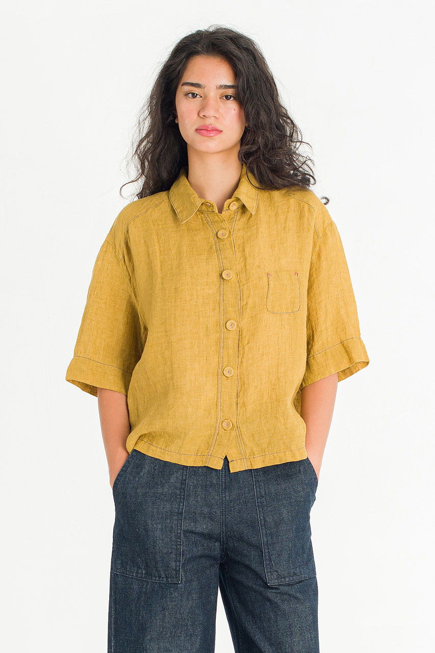 Arira Short Sleeve Linen Shirt, Mustard