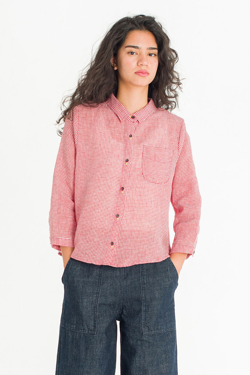 Twin Button Gingham Linen Blouse, Red