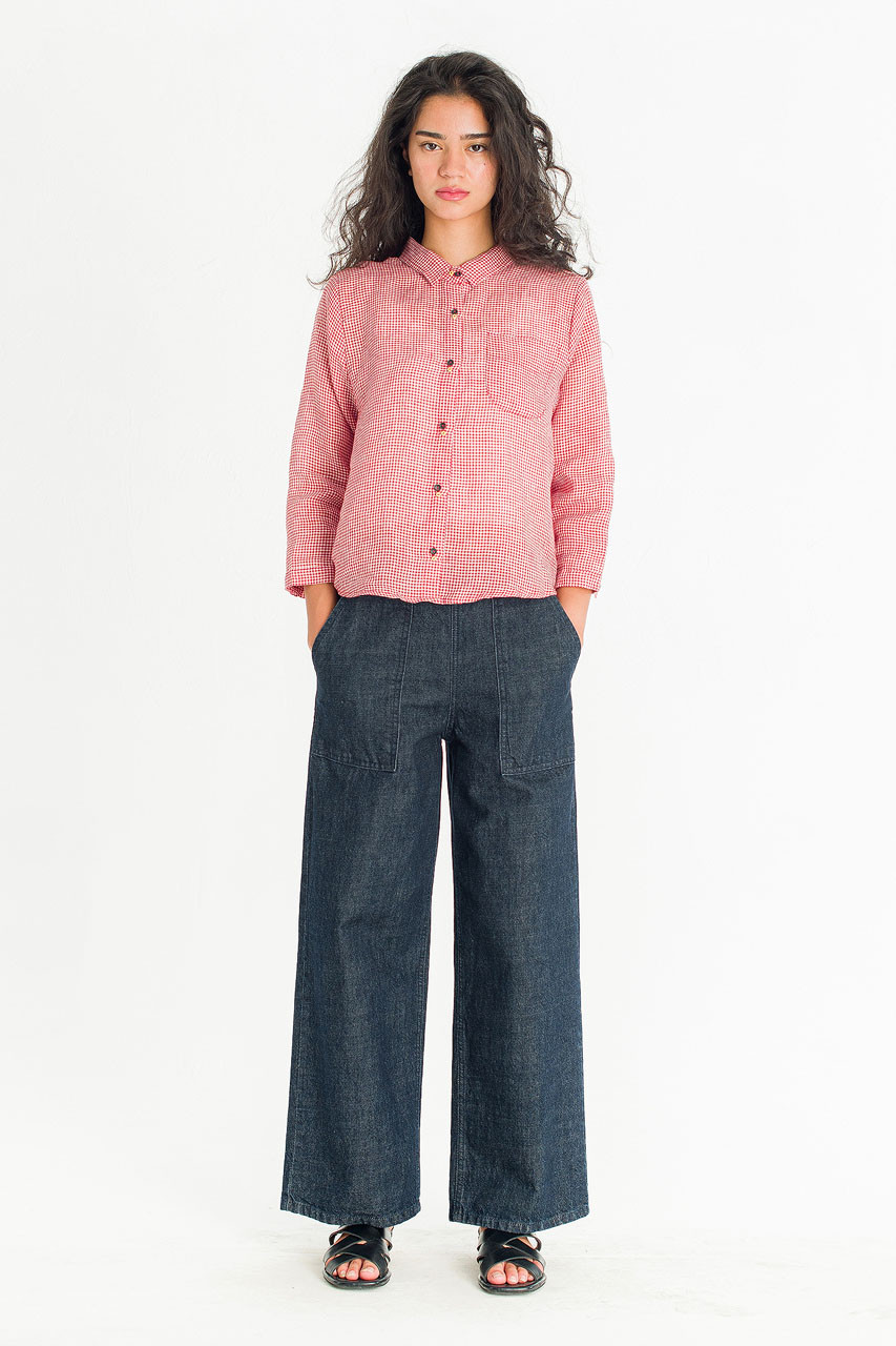 Twin Button Gingham Linen Blouse, Red