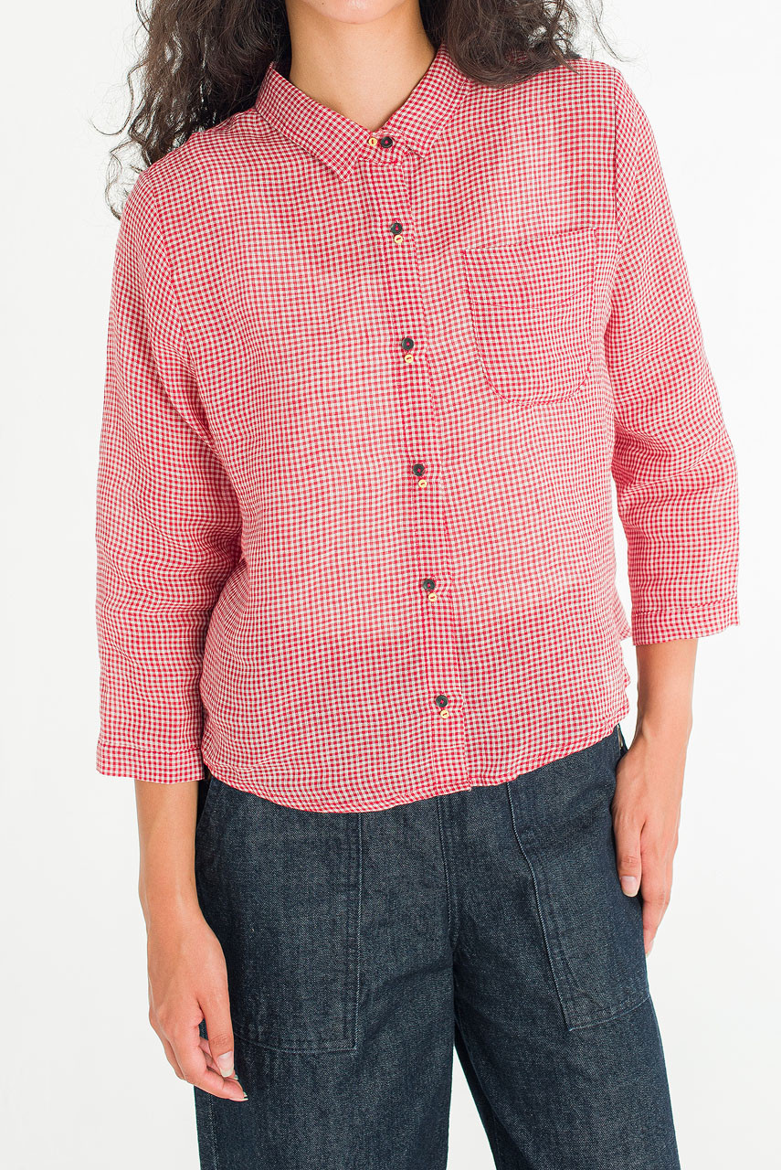 Twin Button Gingham Linen Blouse, Red