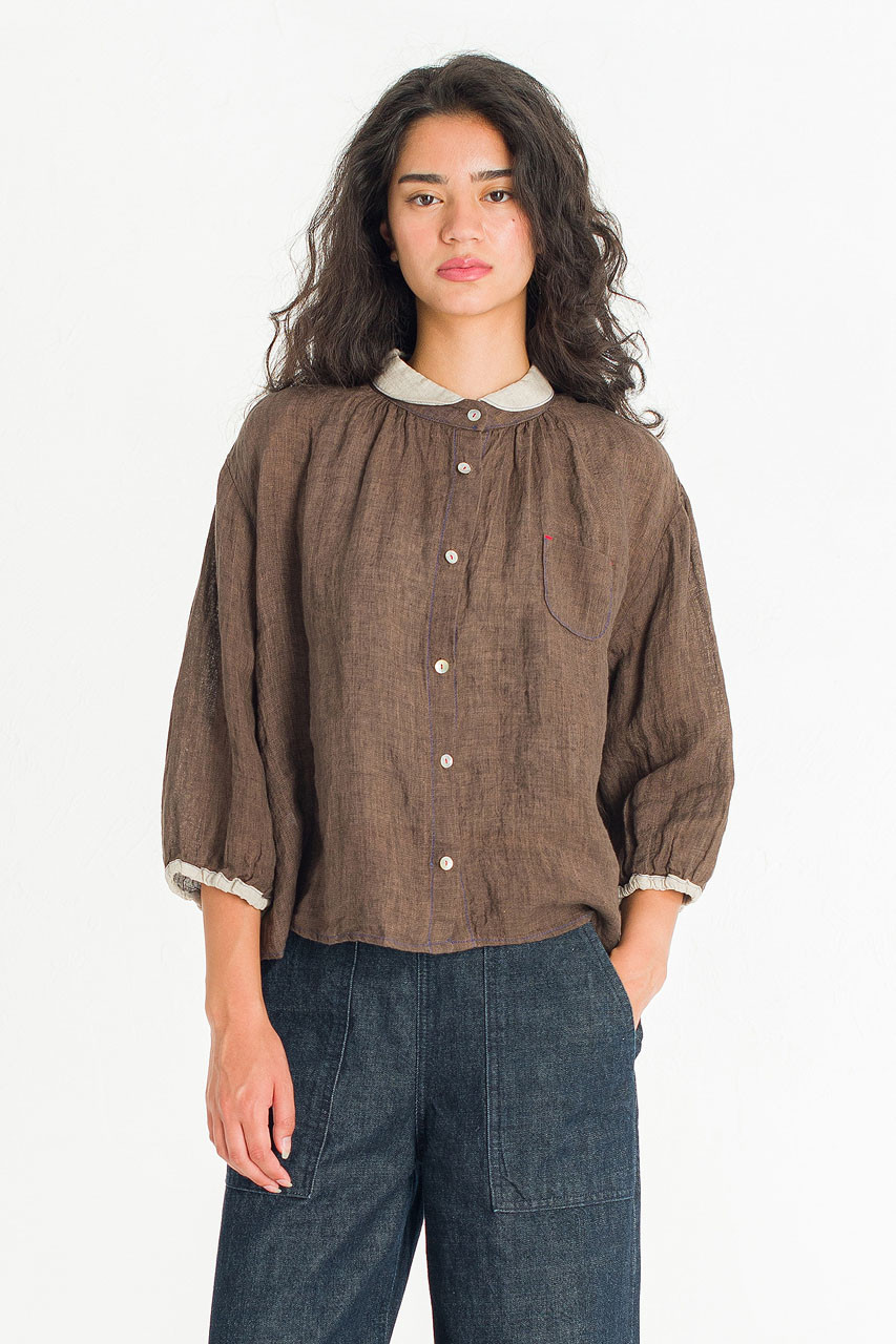 Petite Collar Linen Blouse, Brown