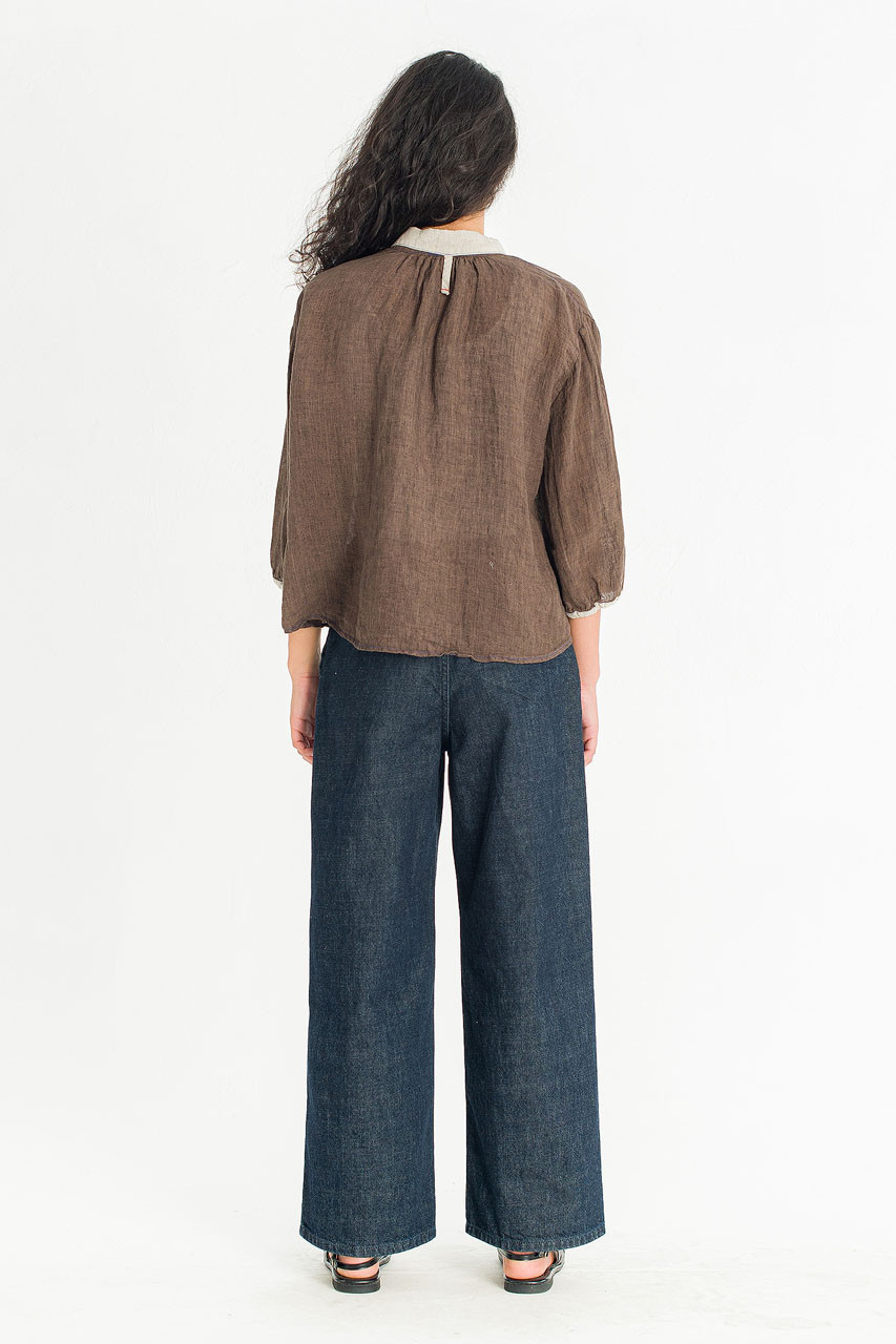 Petite Collar Linen Blouse, Brown