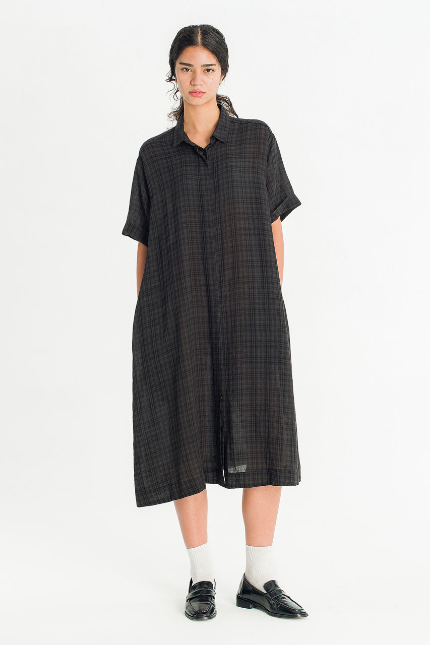 Soft Pebble Check Shirt Dress, Black