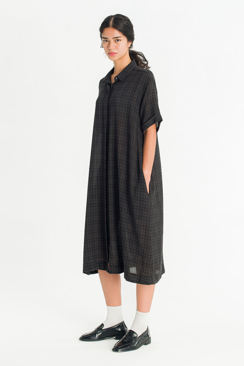 Soft Pebble Check Shirt Dress, Black