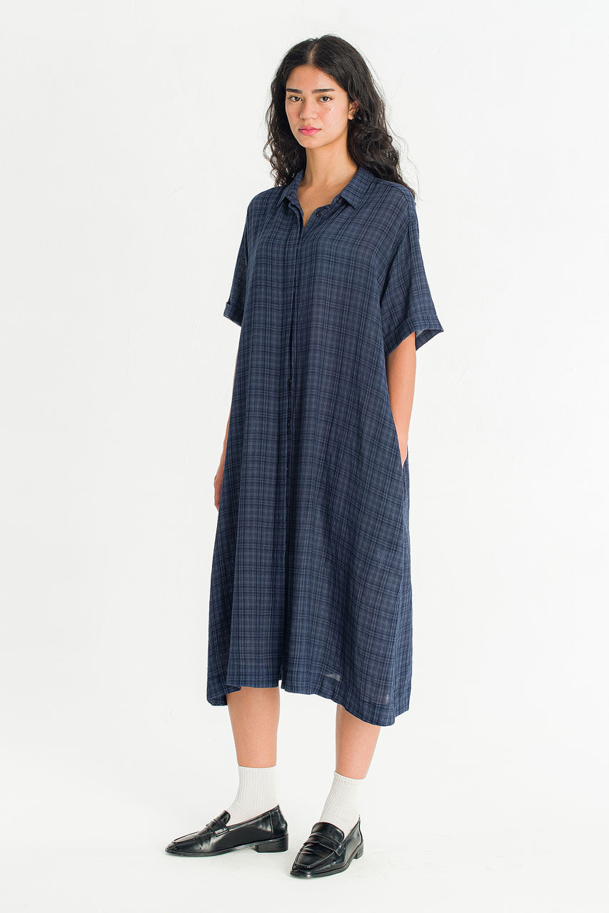 Soft Pebble Check Shirt Dress, Navy