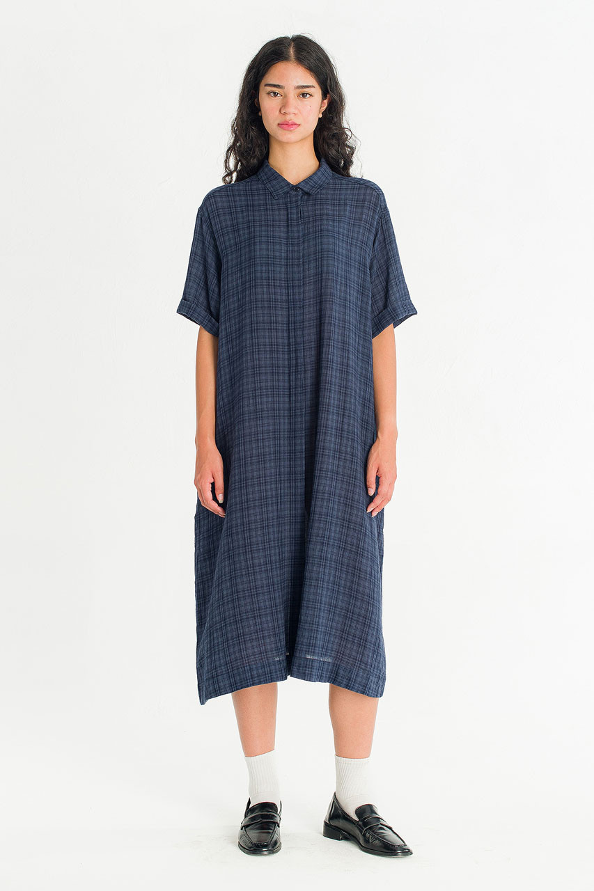 Soft Pebble Check Shirt Dress, Navy