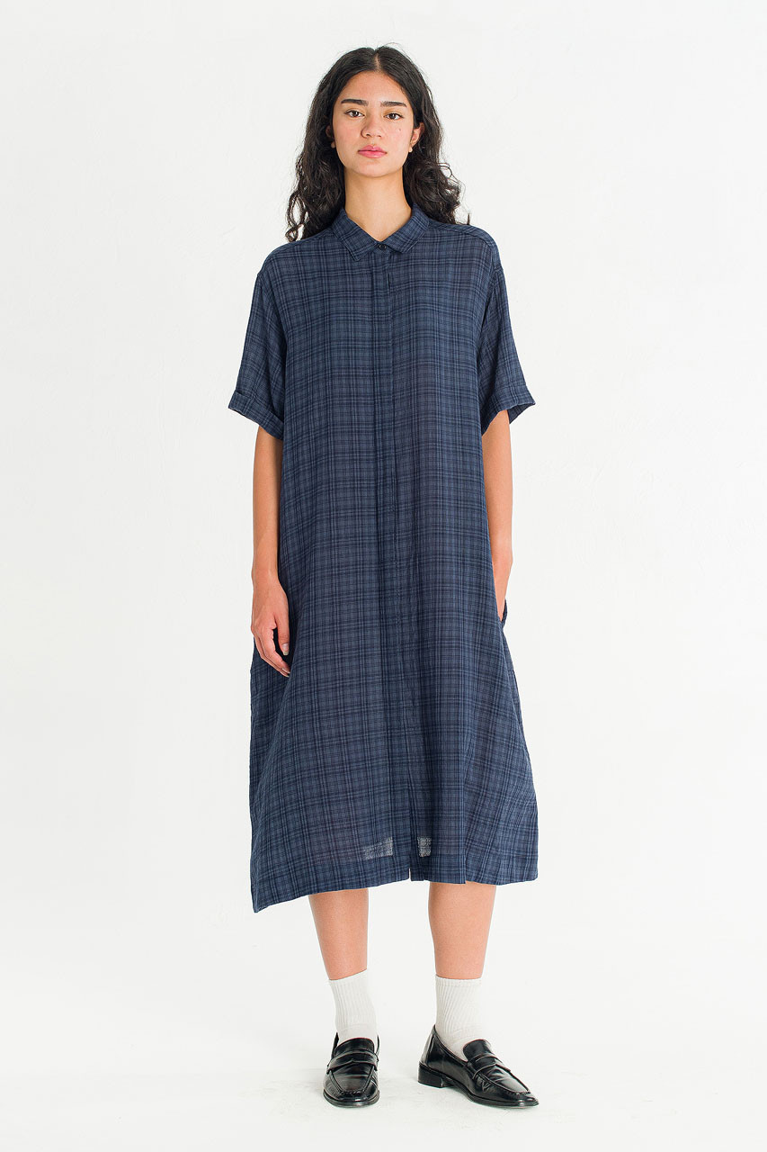 Soft Pebble Check Shirt Dress, Navy