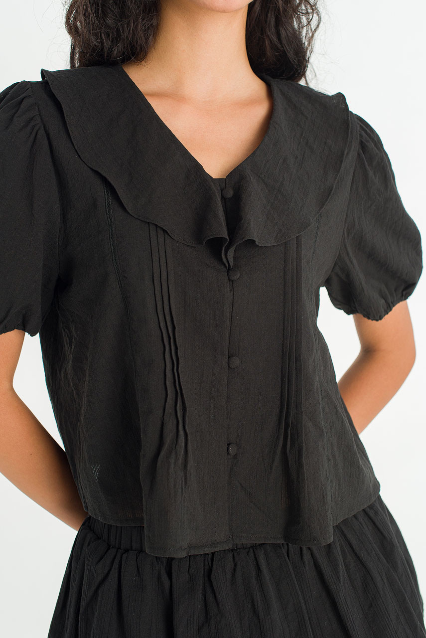 Petal Frill Pintuck Blouse, Black
