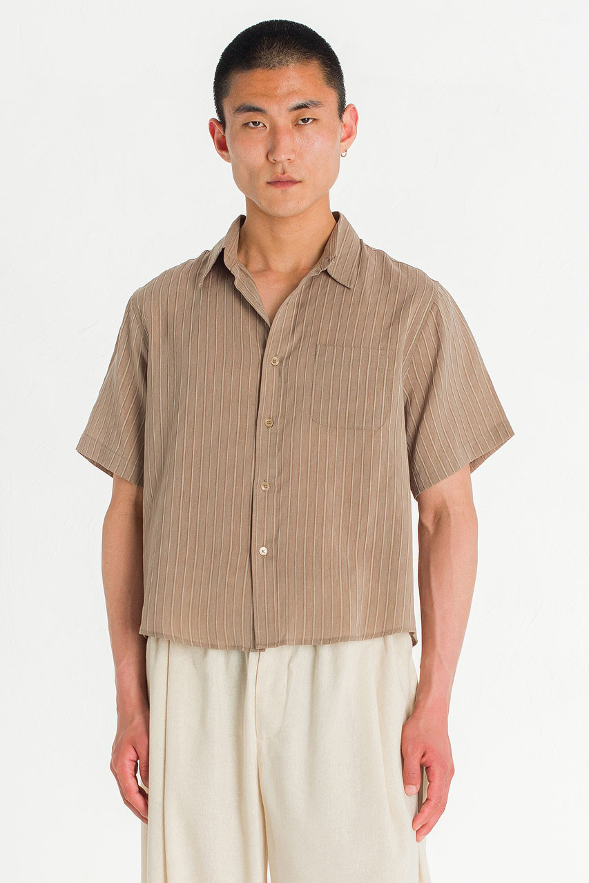 Menswear | Short-Sleeve Stripe Shirt, Mocha Beige