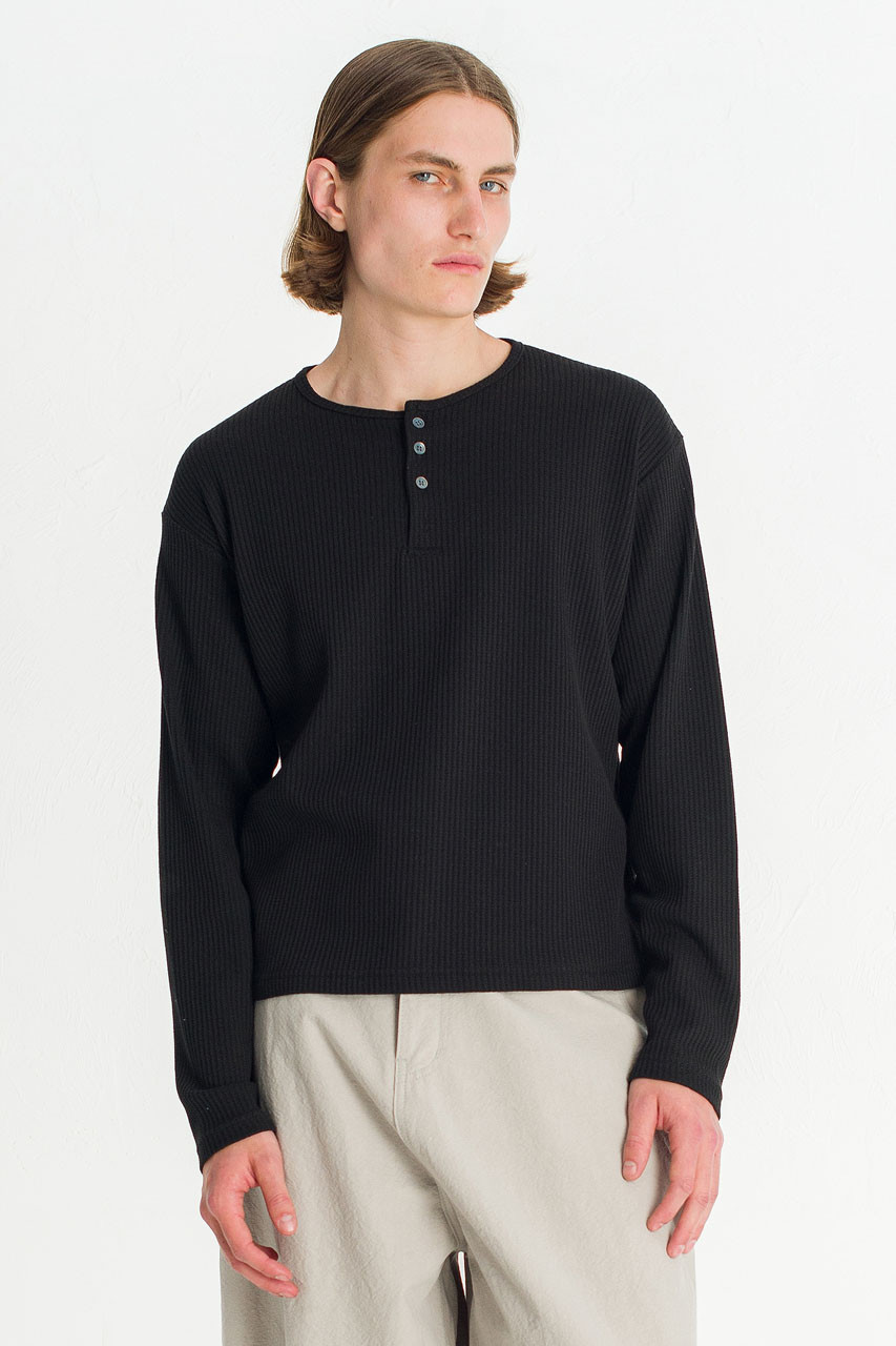 Menswear | Waffle Crop Henley Tee, Black