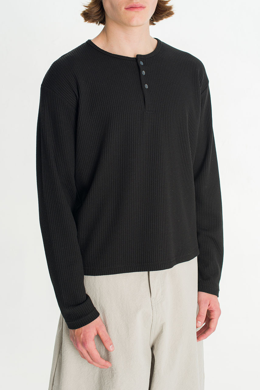 Menswear | Waffle Crop Henley Tee, Black