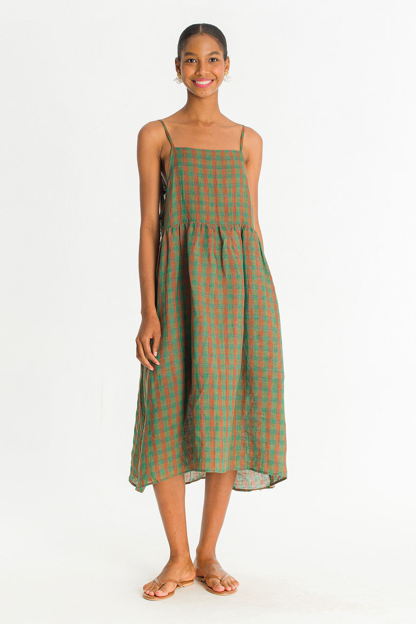 Linen Check Slip Dress, Green