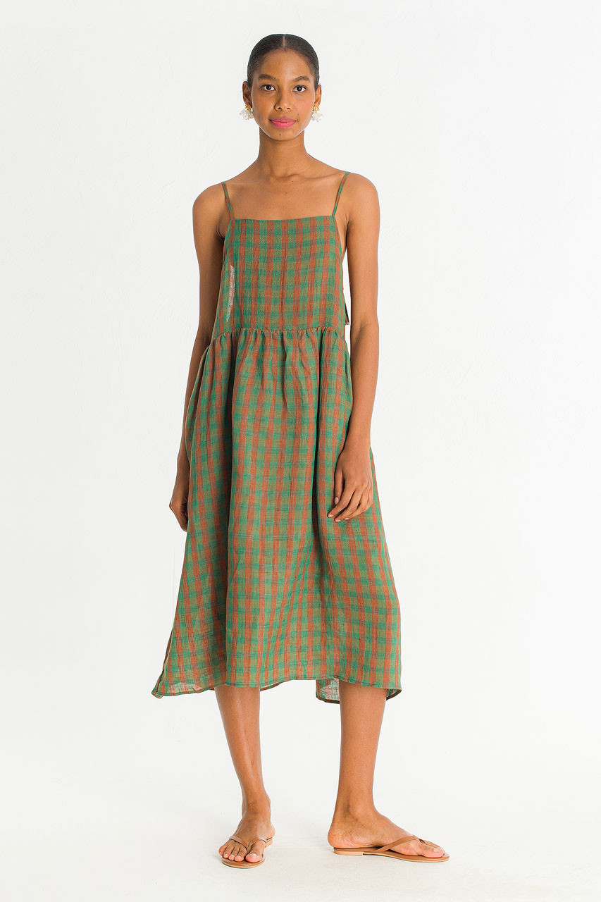 Linen Check Slip Dress, Green