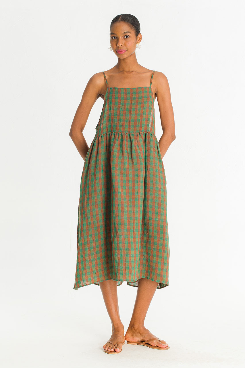 Linen Check Slip Dress, Green