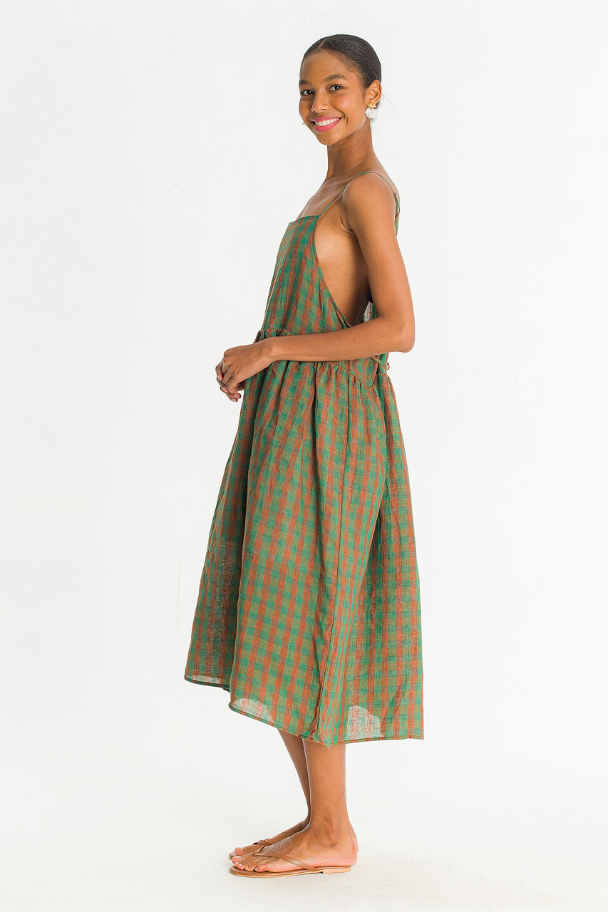 Linen Check Slip Dress, Green