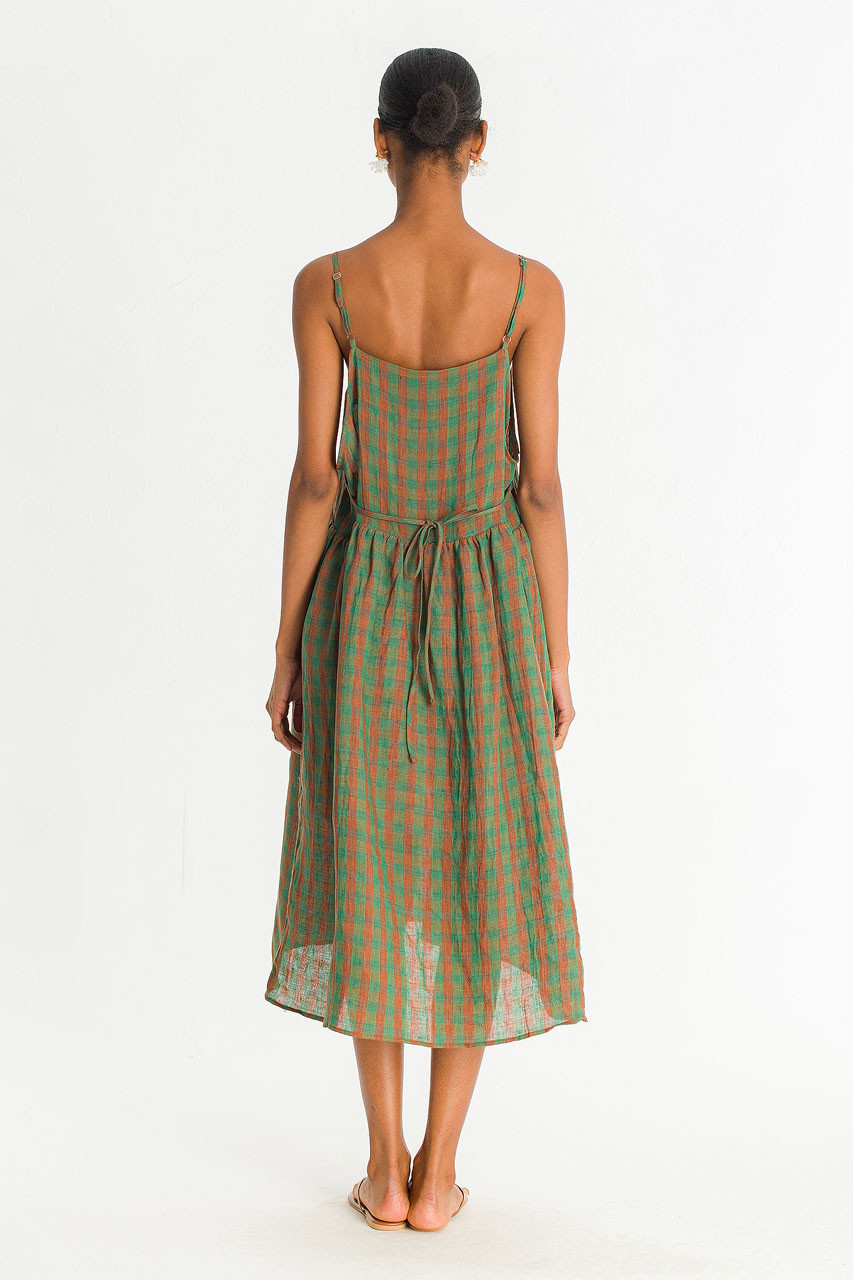 Linen Check Slip Dress, Green