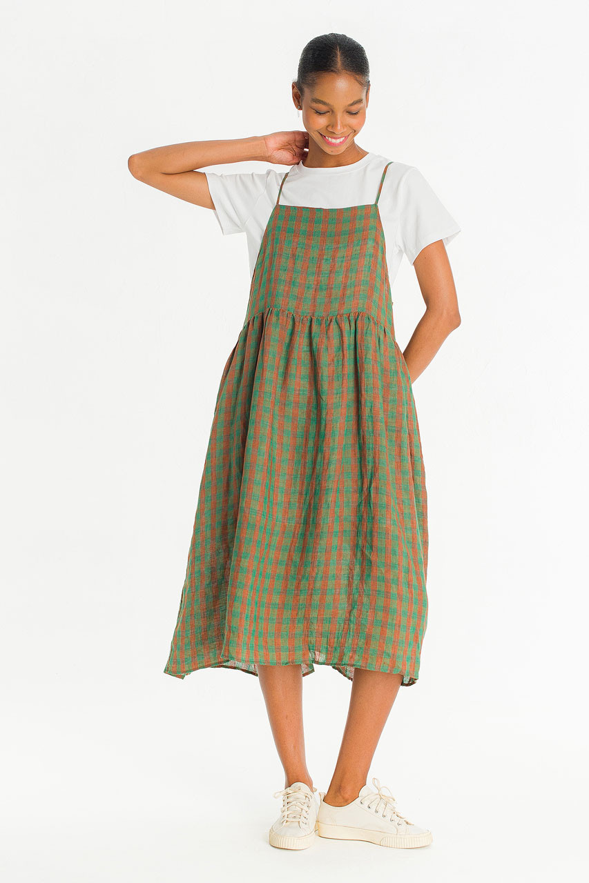 Linen Check Slip Dress, Green