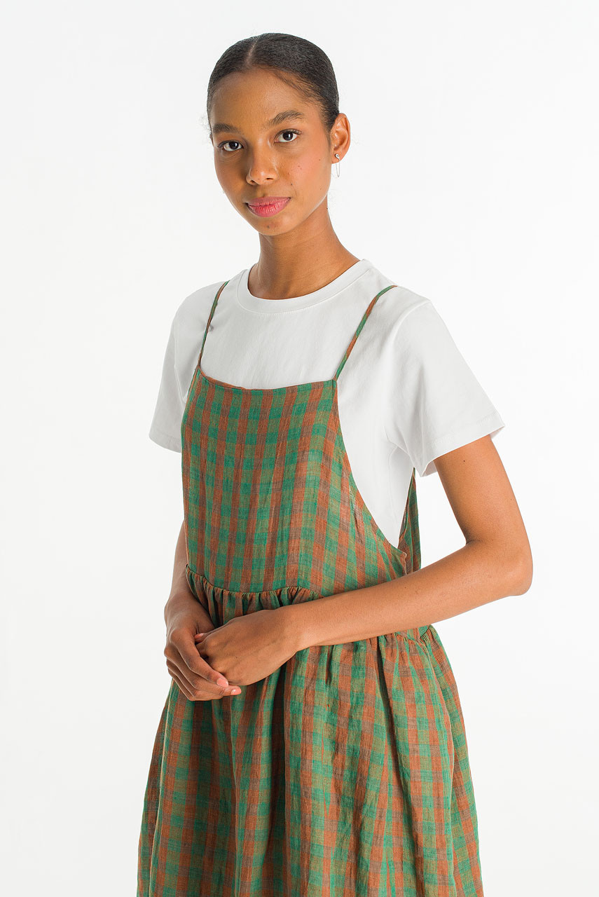 Linen Check Slip Dress, Green