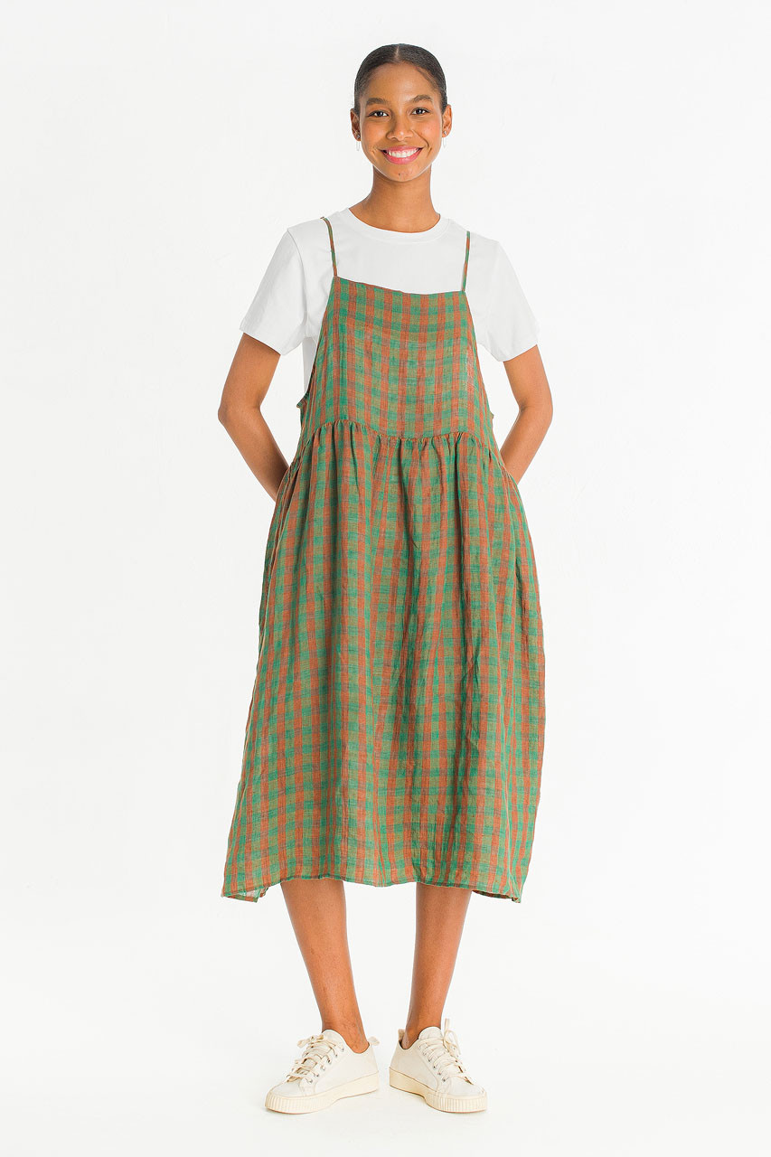 Linen Check Slip Dress, Green