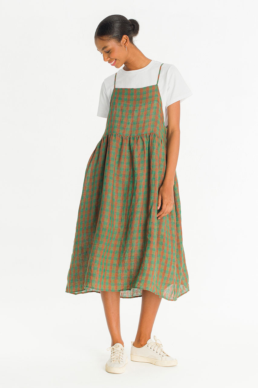 Linen Check Slip Dress, Green
