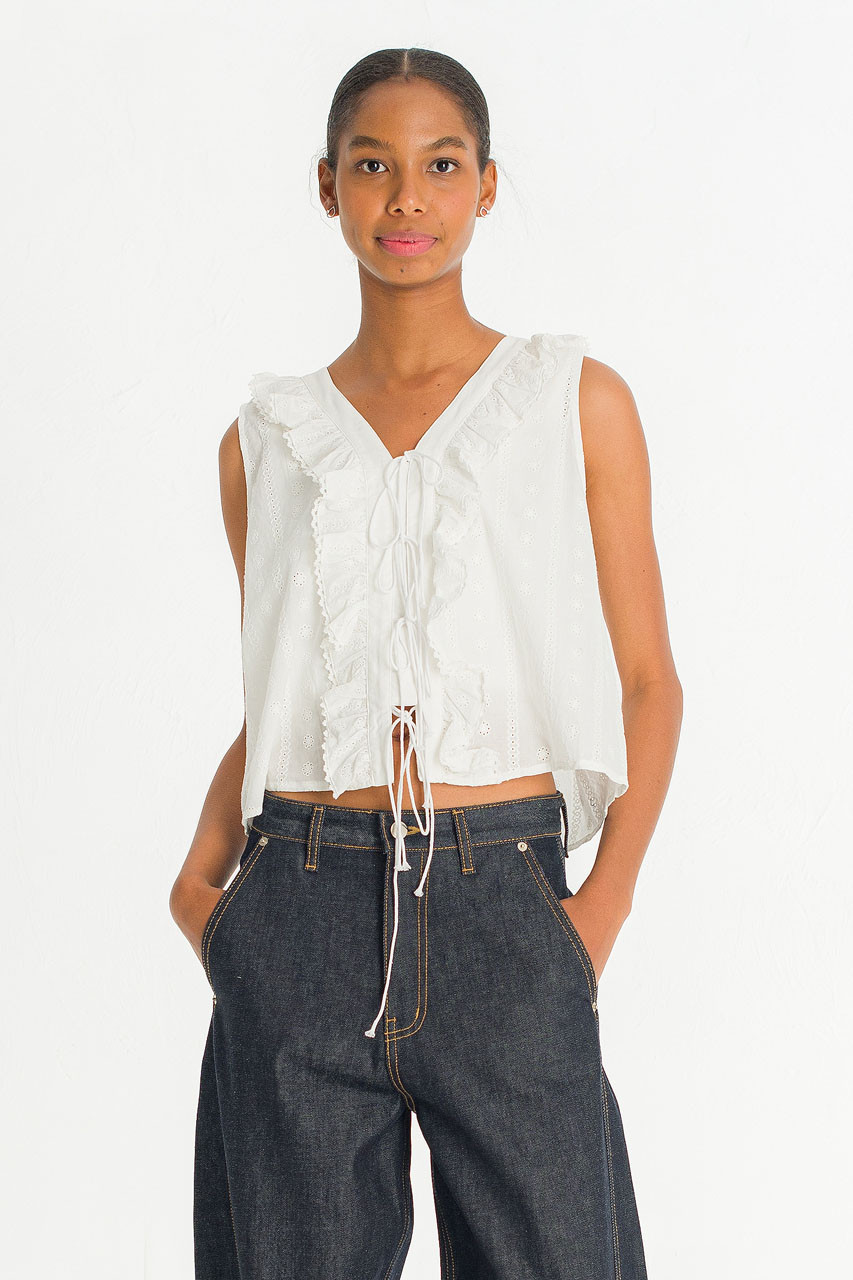 Mina Lace Ribbon Detail Blouse, Ivory