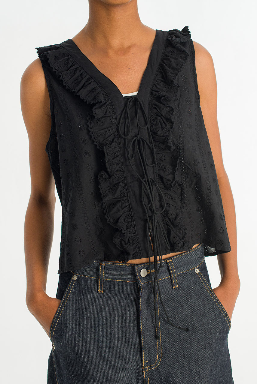 Mina Lace Ribbon Detail Blouse, Black