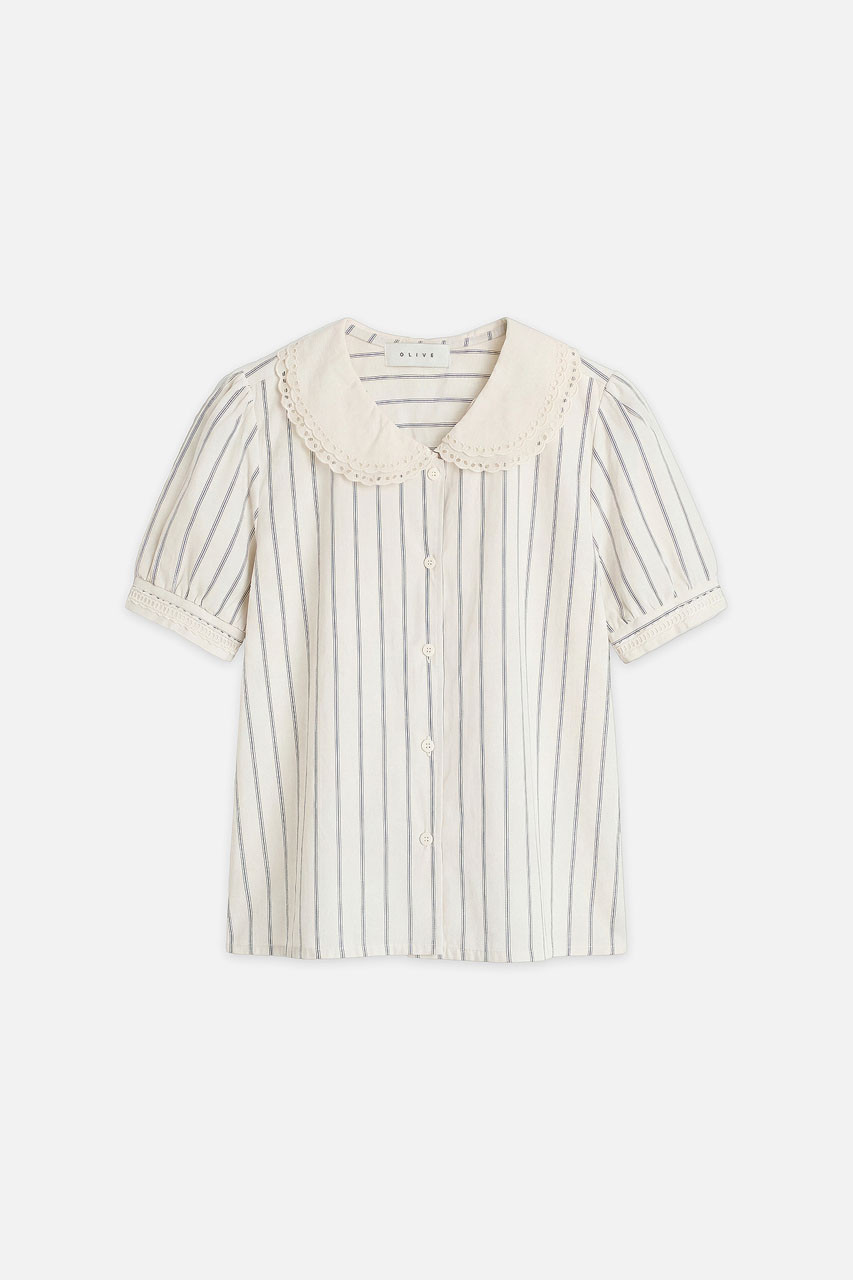 Lace Collar Stripe Blouse , Big Stripe