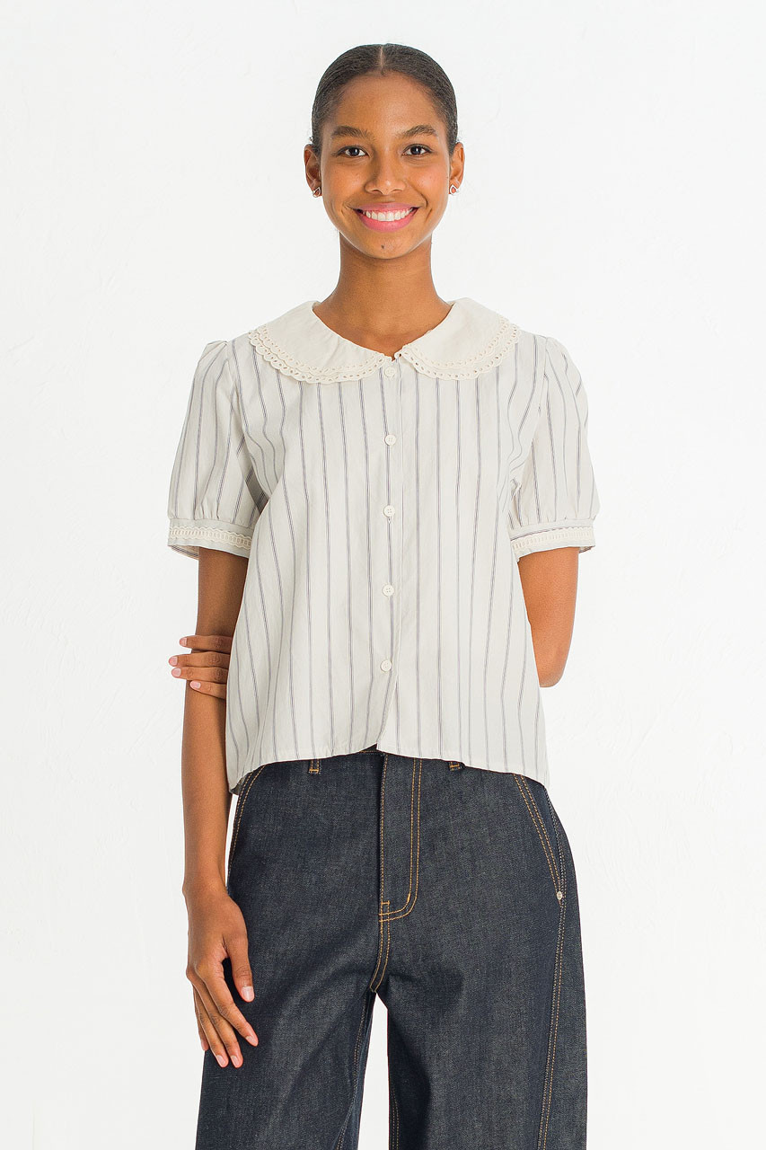 Lace Collar Stripe Blouse , Big Stripe