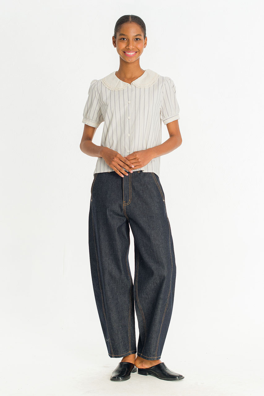 Lace Collar Stripe Blouse , Big Stripe