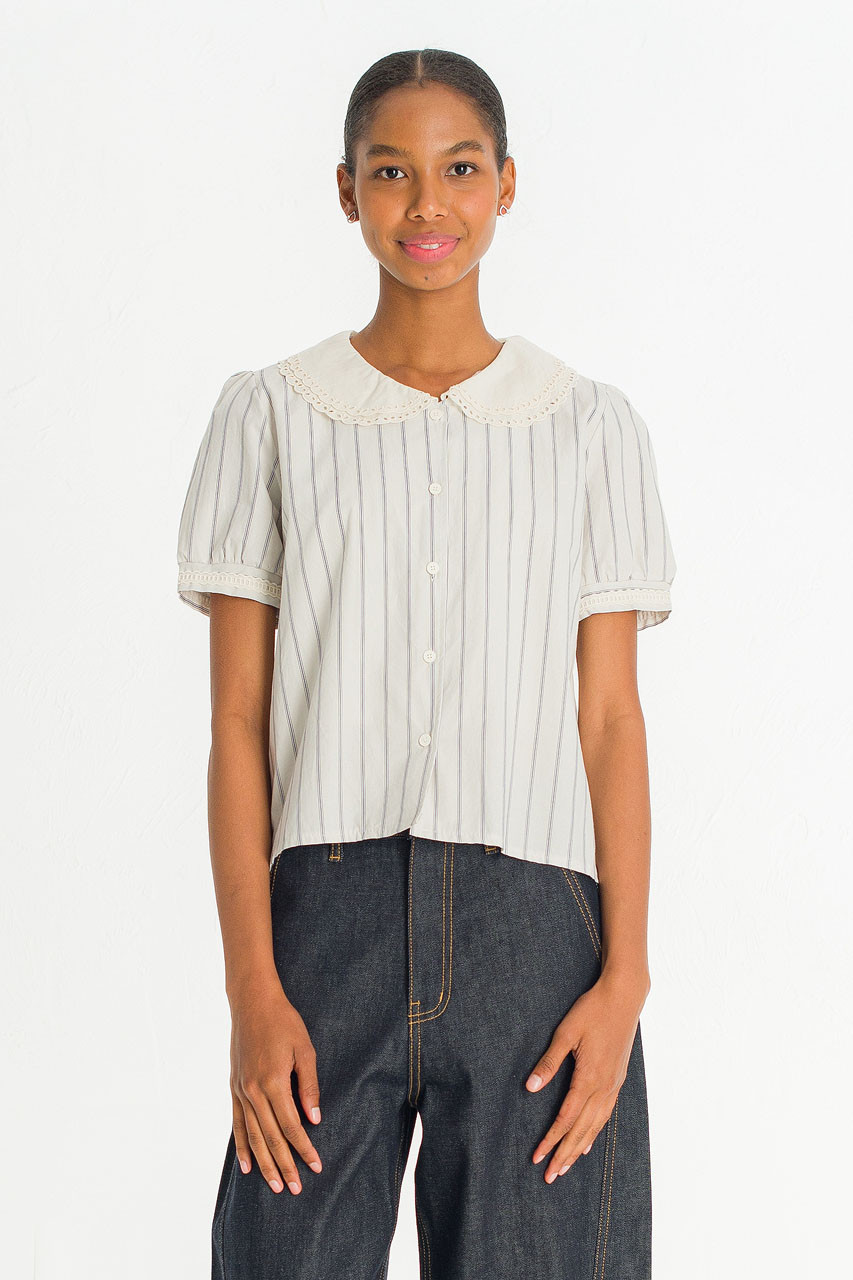 Lace Collar Stripe Blouse , Big Stripe